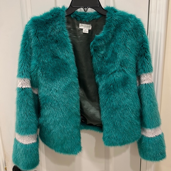Eco Fur Teal Jacket with Stripe by Molly Olli for Anthropologie Shrimps style - Picture 1 of 6